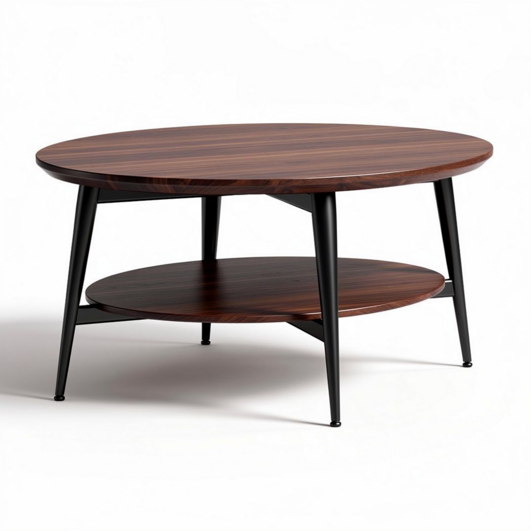 Round wooden coffee table with black metal legs and lower shelf 100 x 100 x 45cm