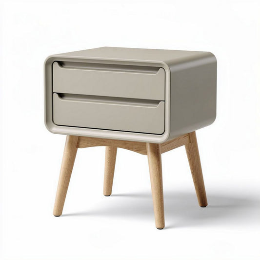 Modern nightstand with two drawers in beige plastic and wooden legs 50 x 40 x 50cm