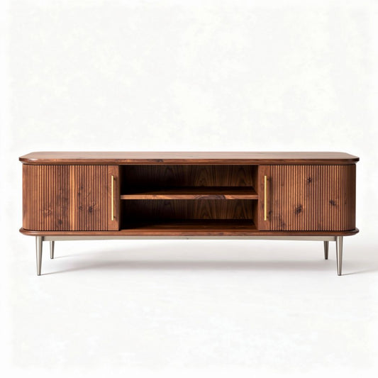 Wooden media console with ribbed doors and metal legs 60 x 15 x 20 inches