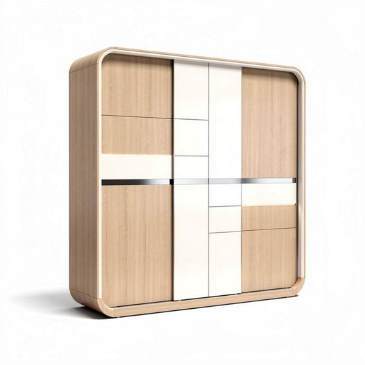 Modern wooden storage cabinet with sliding doors in natural finish 120 x 60 x 150cm