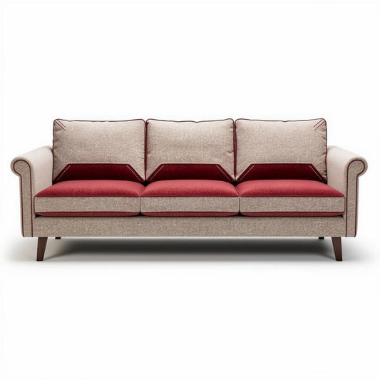 Fabric upholstered three-seater sofa in beige and red 200 x 90 x 85cm