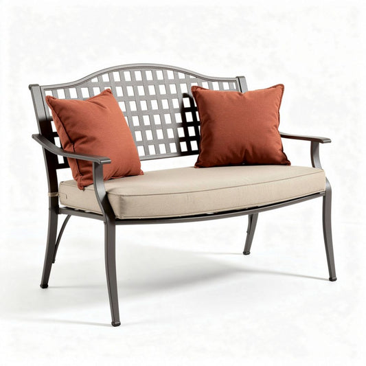 Metal garden bench with cushion and two orange pillows 120 x 60 x 80cm
