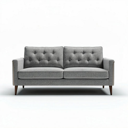 Mid-century modern two-seater sofa in grey fabric with wooden legs