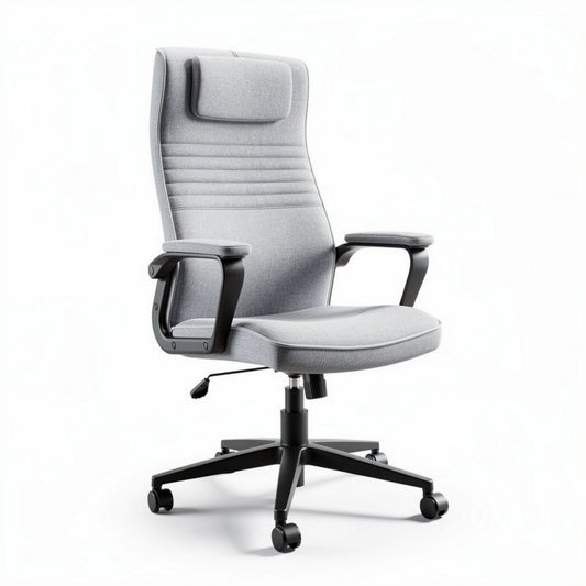 Ergonomic office chair with adjustable headrest and gray fabric upholstery