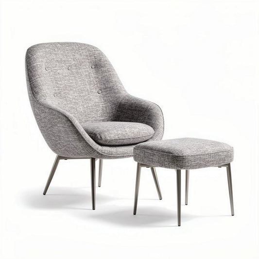 Gray fabric lounge chair with matching ottoman and metal legs