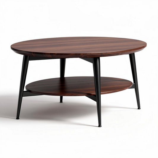 Round wooden coffee table with black metal legs and lower shelf 100 x 100 x 45cm