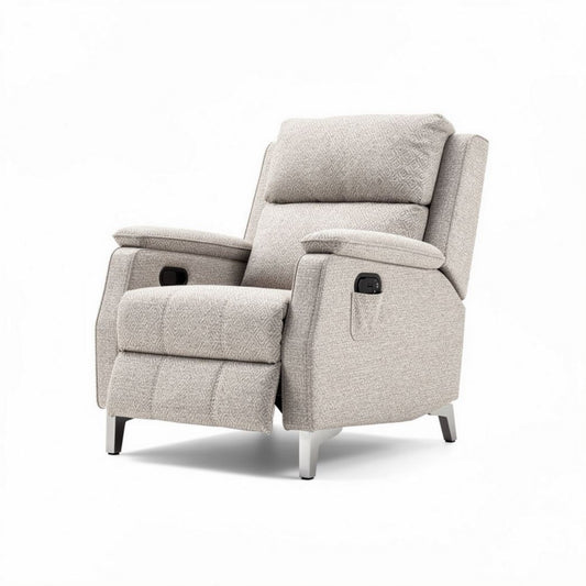 Recliner chair with adjustable backrest and armrests in light gray fabric