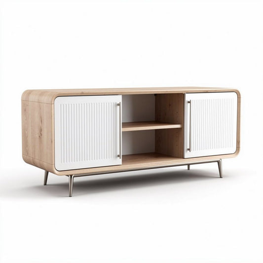 Wooden storage cabinet with white doors and steel legs 120 x 40 x 50cm