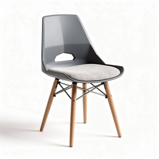 Modern gray plastic chair with wood legs and fabric cushion 45 x 50 x 80cm