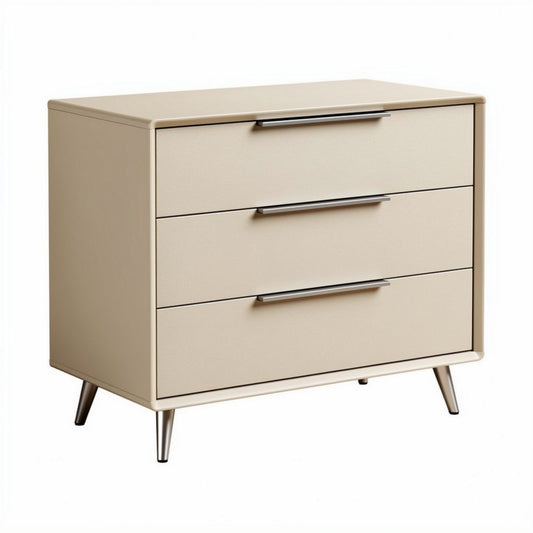 Three-drawer dresser in beige with metal handles and tapered legs 80 x 40 x 75cm