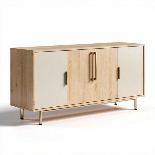 Wooden sideboard with four doors in natural finish and metal legs 150 x 40 x 75cm