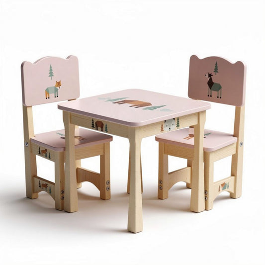 Wooden kids table and chair set with animal designs 70 x 70 x 50cm