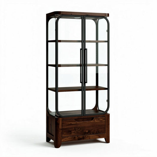 Glass display cabinet with wooden frame and storage drawer 80 x 40 x 180cm